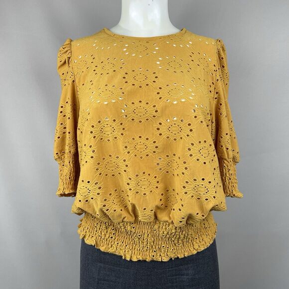 Lark and Grey Eyelet Blouse/Top Women's XL Yellow Cottage Fairy Modern Boho - Picture 1 of 13